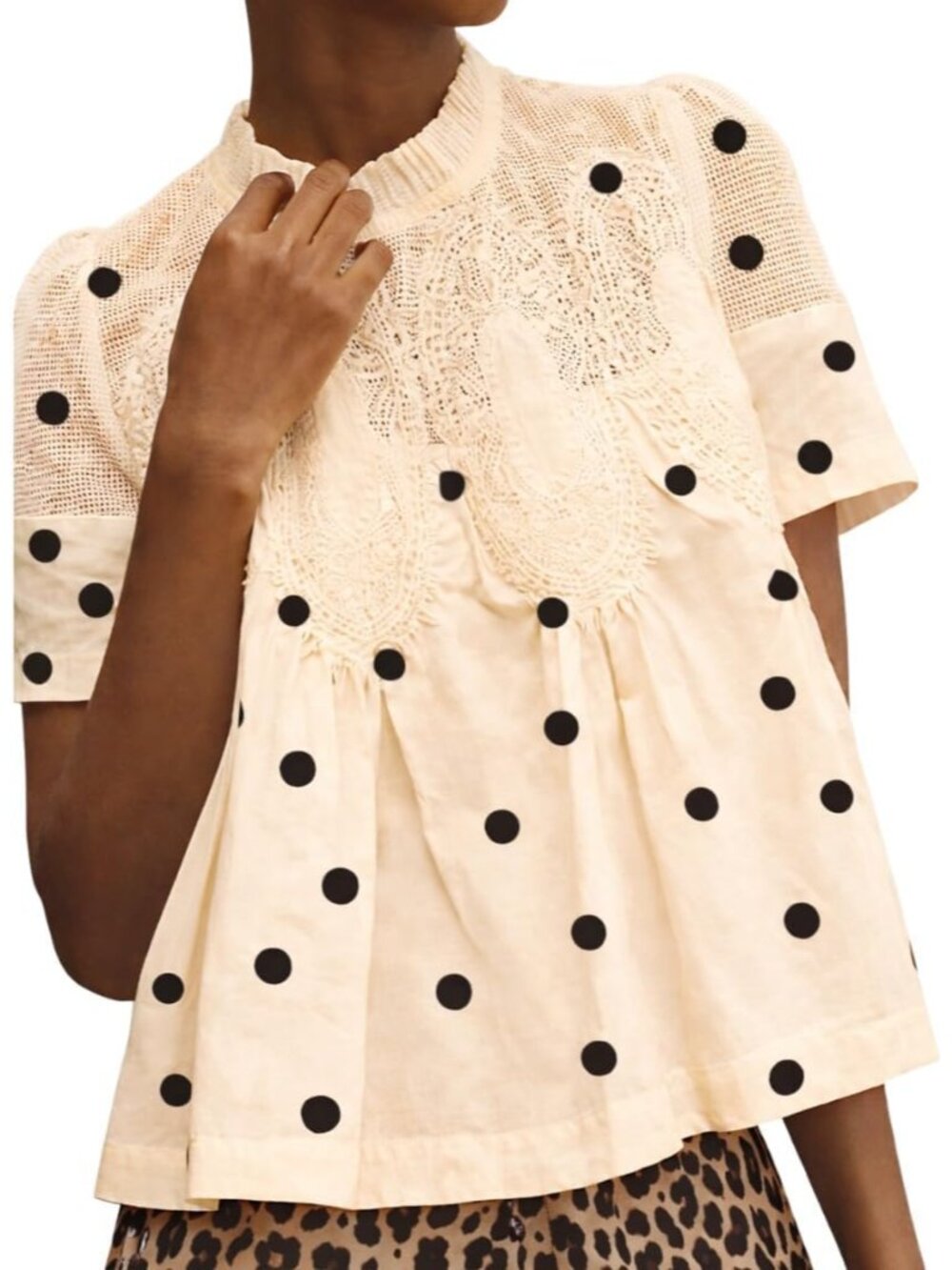 Women Lace-Detail Flared Blouse Short-Sleeve Crew Neck Lace Poplin Mesh Swing To